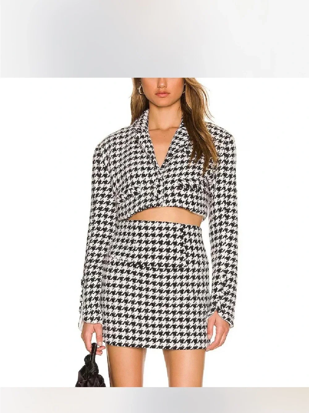 Tailored Cropped Houndstooth Blazer and skirt- Black & White - Picture 4 of 5